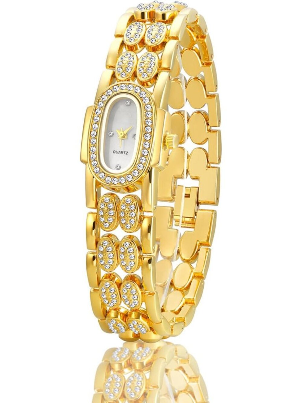 Women's Gold White Luxury Vintage Rhinestone Bracelet Oval Quartz Wrist Watch